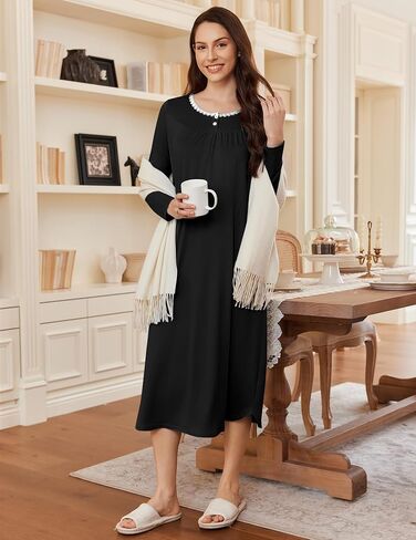Ekouaer Women's Long Sleeve Nightgown Long Sleepshirt Henley Nightgowns Full Length Sleep Dress with Pockets S-3XL in Saudi Arabia