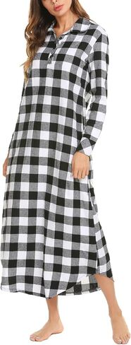 Ekouaer Women's Cotton Nightgown Long Sleeve Plaid Sleep Shirts Button Down Sleepwear with Pockets in Saudi Arabia
