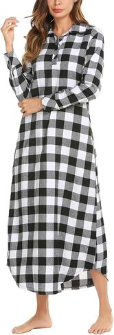 Ekouaer Women's Cotton Nightgown Long Sleeve Plaid Sleep Shirts Button Down Sleepwear with Pockets in Saudi Arabia