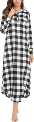 Ekouaer Women's Cotton Nightgown Long Sleeve Plaid Sleep Shirts Button Down Sleepwear with Pockets in Saudi Arabia