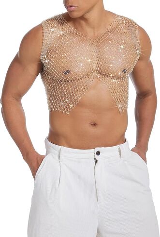 Mens Rhinestone Shirt Gold Mesh Crop Top Sparkly Rave Tank Tops for Men Club Party in Saudi Arabia
