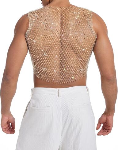 Mens Rhinestone Shirt Gold Mesh Crop Top Sparkly Rave Tank Tops for Men Club Party in Saudi Arabia