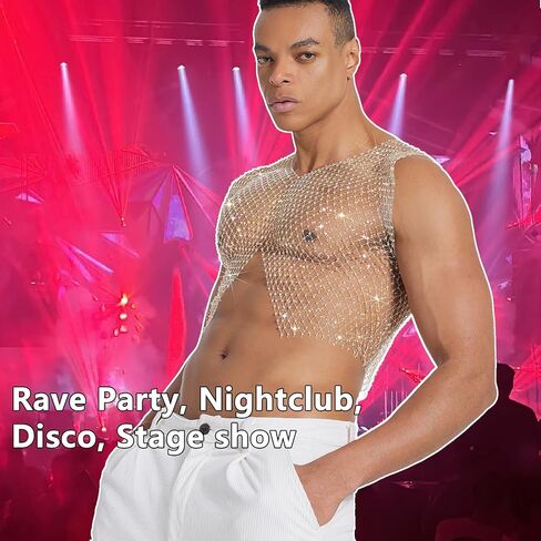 Mens Rhinestone Shirt Gold Mesh Crop Top Sparkly Rave Tank Tops for Men Club Party in Saudi Arabia