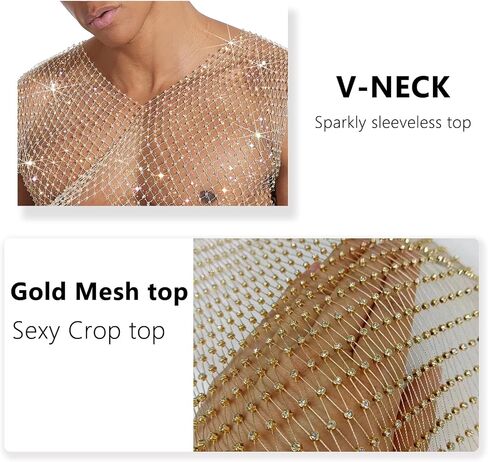 Mens Rhinestone Shirt Gold Mesh Crop Top Sparkly Rave Tank Tops for Men Club Party in Saudi Arabia