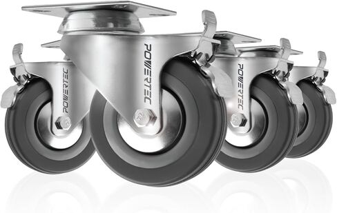 POWERTEC 3 Inch Swivel Caster Wheels Set of 4 with Brake & 880 lbs Loads, Heavy Duty Plate Casters, Dual Locking PU Castor Wheels for Furniture, Cart, Dolly and Workbenches (17208) (Pack of 4) in Saudi Arabia