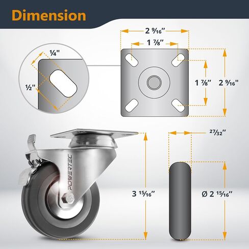 POWERTEC 3 Inch Swivel Caster Wheels Set of 4 with Brake & 880 lbs Loads, Heavy Duty Plate Casters, Dual Locking PU Castor Wheels for Furniture, Cart, Dolly and Workbenches (17208) (Pack of 4) in Saudi Arabia