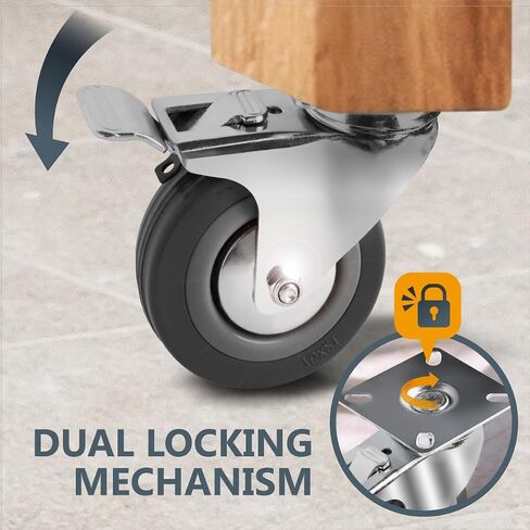 POWERTEC 3 Inch Swivel Caster Wheels Set of 4 with Brake & 880 lbs Loads, Heavy Duty Plate Casters, Dual Locking PU Castor Wheels for Furniture, Cart, Dolly and Workbenches (17208) (Pack of 4) in Saudi Arabia