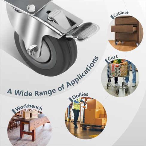 POWERTEC 3 Inch Swivel Caster Wheels Set of 4 with Brake & 880 lbs Loads, Heavy Duty Plate Casters, Dual Locking PU Castor Wheels for Furniture, Cart, Dolly and Workbenches (17208) (Pack of 4) in Saudi Arabia