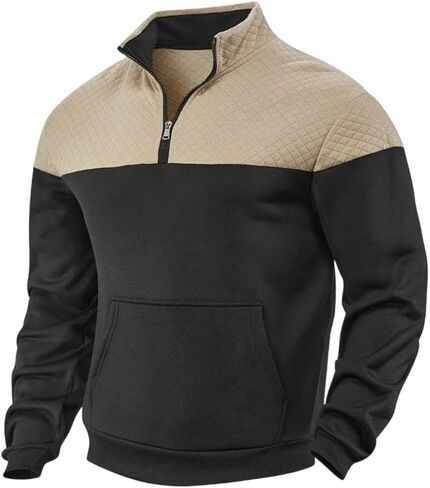 Men's Heavy Fleece Lined Winter Stand Collar Zipper Sweater Patchwork Casual Loose Fit Top in Saudi Arabia