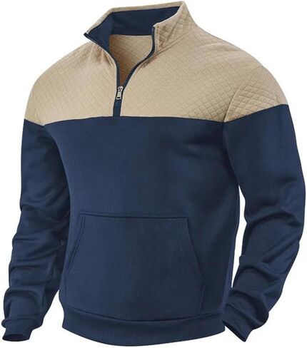 Men's Heavy Fleece Lined Winter Stand Collar Zipper Sweater Patchwork Casual Loose Fit Top in Saudi Arabia