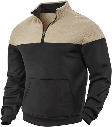 Men's Heavy Fleece Lined Winter Stand Collar Zipper Sweater Patchwork Casual Loose Fit Top in Saudi Arabia