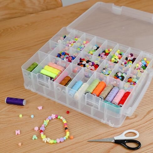 منظم خرز مكون من 36 شبكة قابلة للتعديل، حاويات تخزين صندوق بلاستيكي سميك شفاف مقاس 10 × 7 بوصات مع ورقتين لاصقتين للرسم الماسي، وصناعة المجوهرات (أبيض، برتقالي) in Kuwait