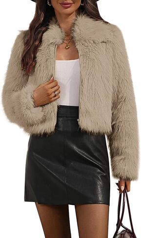Women's Collared Faux Fur Jacket Cropped Winter Zipper Long Sleeve Fluffy Short Coat with Pockets in Saudi Arabia
