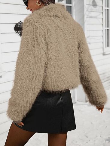 Women's Collared Faux Fur Jacket Cropped Winter Zipper Long Sleeve Fluffy Short Coat with Pockets in Saudi Arabia