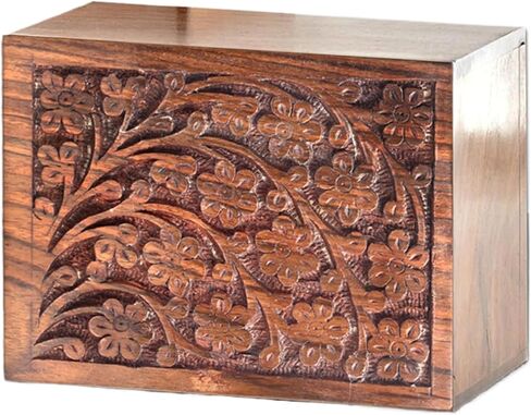 جرة الخشب للرماد البشري | الحدود المنقوشات الخشبية خشبية الحدود الحجم 200 بوصة مكعبة | الجرار التذكارية المصنوعة يدويًا للبالغين | حقيبة المخملية شملت in Kuwait