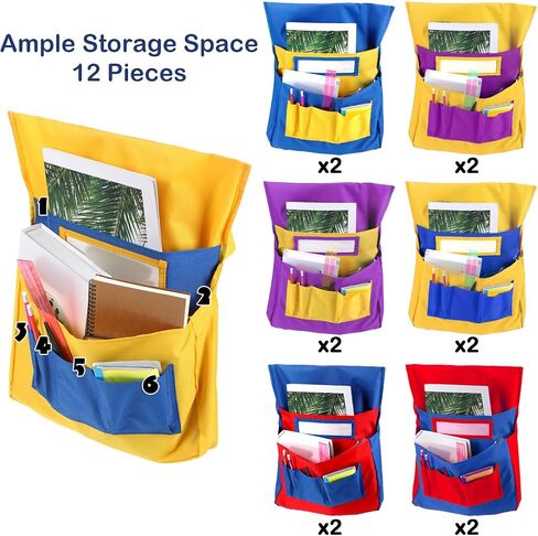12 Pieces Chairback Pockets Chart, 6 Bright Color Seat Storage Organizer for Kids School Supplies with 6 Pockets Keeps Students Organized and Classrooms Neat, 15.5 x 19 Inch (Bright Color) in Saudi Arabia