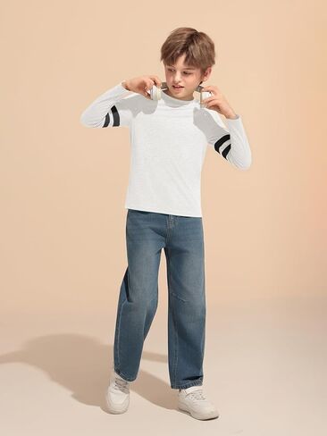 Haloumoning Boys Long Sleeve Shirts Kids Crewneck T Shirts Casual Striped Tops Tees 5-14 Years in Saudi Arabia