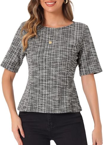 Allegra K Tweed Top for Women Round Neck Short Sleeve Pullover Work Office Blouse in Saudi Arabia
