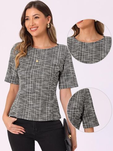 Allegra K Tweed Top for Women Round Neck Short Sleeve Pullover Work Office Blouse in Saudi Arabia