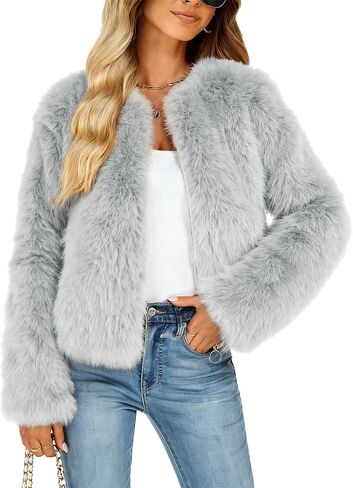 Funlingo Women's Faux Fur Coat Winter Warm Cropped Jacket Trendy Long Sleeve Crew Neck Zip Up Outerwear in Kuwait