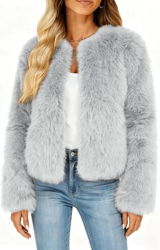 Funlingo Women's Faux Fur Coat Winter Warm Cropped Jacket Trendy Long Sleeve Crew Neck Zip Up Outerwear in Kuwait