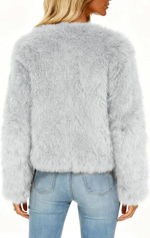 Funlingo Women's Faux Fur Coat Winter Warm Cropped Jacket Trendy Long Sleeve Crew Neck Zip Up Outerwear in Kuwait