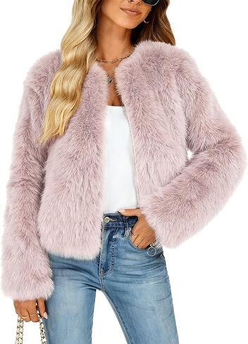 Funlingo Women's Faux Fur Coat Winter Warm Cropped Jacket Trendy Long Sleeve Crew Neck Zip Up Outerwear in Kuwait
