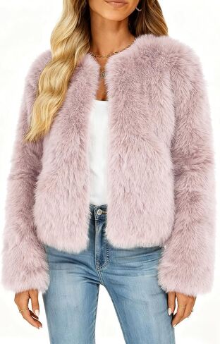 Funlingo Women's Faux Fur Coat Winter Warm Cropped Jacket Trendy Long Sleeve Crew Neck Zip Up Outerwear in Kuwait