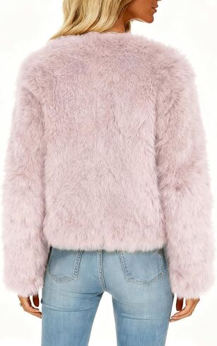 Funlingo Women's Faux Fur Coat Winter Warm Cropped Jacket Trendy Long Sleeve Crew Neck Zip Up Outerwear in Kuwait