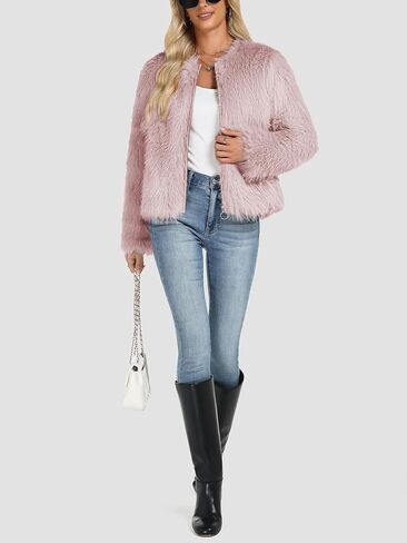 Funlingo Women's Faux Fur Coat Winter Warm Cropped Jacket Trendy Long Sleeve Crew Neck Zip Up Outerwear in Kuwait
