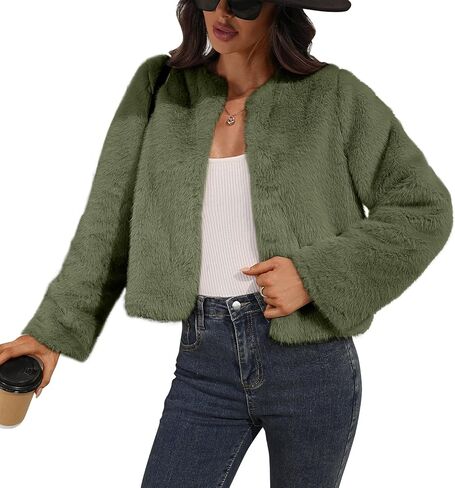Women's Faux Fur Cropped Jacket Winter Crew Neck Long Sleeve Shrugs for Dresses Fluffy Coats with Pocket in Kuwait
