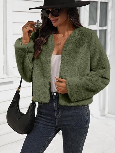Women's Faux Fur Cropped Jacket Winter Crew Neck Long Sleeve Shrugs for Dresses Fluffy Coats with Pocket in Kuwait