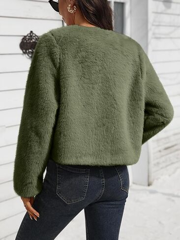 Women's Faux Fur Cropped Jacket Winter Crew Neck Long Sleeve Shrugs for Dresses Fluffy Coats with Pocket in Kuwait