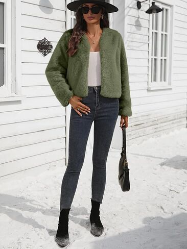 Women's Faux Fur Cropped Jacket Winter Crew Neck Long Sleeve Shrugs for Dresses Fluffy Coats with Pocket in Kuwait