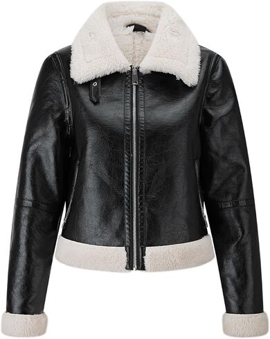 Women Fur Leather Jacket Shearing Cropped Faux Fur Lined Moto Biker Coat in Kuwait