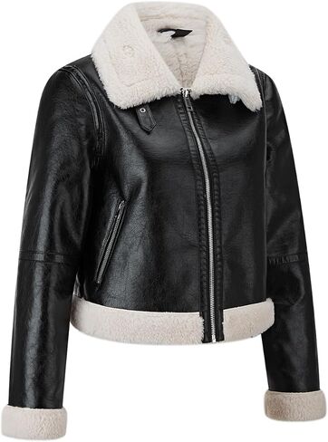 Women Fur Leather Jacket Shearing Cropped Faux Fur Lined Moto Biker Coat in Kuwait