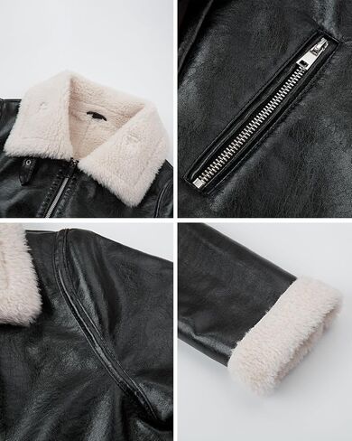 Women Fur Leather Jacket Shearing Cropped Faux Fur Lined Moto Biker Coat in Kuwait