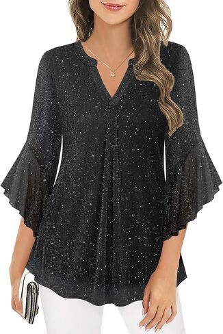 Ninedaily Womens Tops 3/4 Sleeve Dressy Casual Blouses Double Layers V Neck Shirt in Kuwait