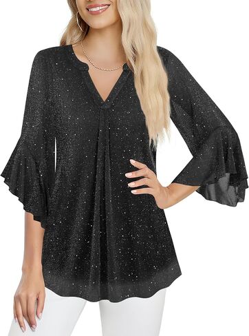 Ninedaily Womens Tops 3/4 Sleeve Dressy Casual Blouses Double Layers V Neck Shirt in Kuwait