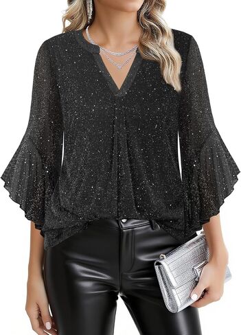 Ninedaily Womens Tops 3/4 Sleeve Dressy Casual Blouses Double Layers V Neck Shirt in Kuwait