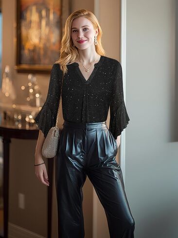 Ninedaily Womens Tops 3/4 Sleeve Dressy Casual Blouses Double Layers V Neck Shirt in Kuwait