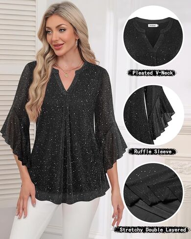 Ninedaily Womens Tops 3/4 Sleeve Dressy Casual Blouses Double Layers V Neck Shirt in Kuwait