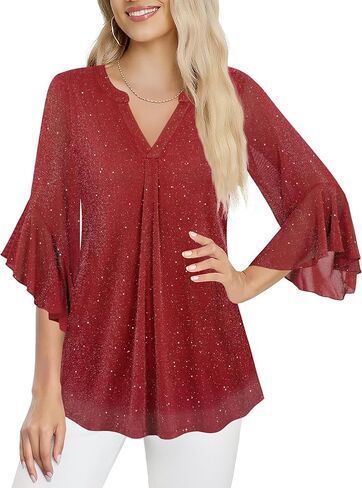 Ninedaily Womens Tops 3/4 Sleeve Dressy Casual Blouses Double Layers V Neck Shirt in Kuwait