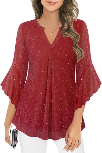 Ninedaily Womens Tops 3/4 Sleeve Dressy Casual Blouses Double Layers V Neck Shirt in Kuwait