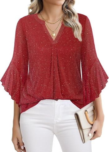 Ninedaily Womens Tops 3/4 Sleeve Dressy Casual Blouses Double Layers V Neck Shirt in Kuwait