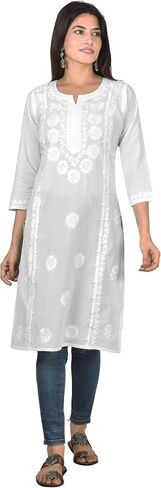 Vrnda Women's White Cotton Kurti – Hand-Embroidered Lucknowi Chikankari, Straight Fit, Knee-Length Pakistani Style Kurta in Saudi Arabia