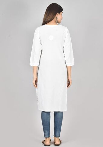 Vrnda Women's White Cotton Kurti – Hand-Embroidered Lucknowi Chikankari, Straight Fit, Knee-Length Pakistani Style Kurta in Saudi Arabia