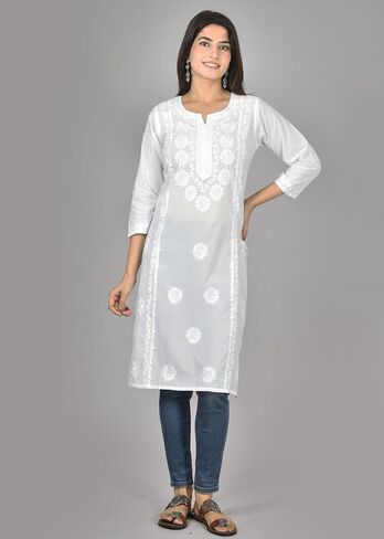 Vrnda Women's White Cotton Kurti – Hand-Embroidered Lucknowi Chikankari, Straight Fit, Knee-Length Pakistani Style Kurta in Saudi Arabia