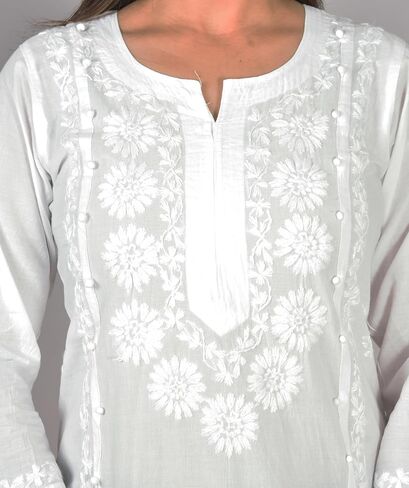 Vrnda Women's White Cotton Kurti – Hand-Embroidered Lucknowi Chikankari, Straight Fit, Knee-Length Pakistani Style Kurta in Saudi Arabia