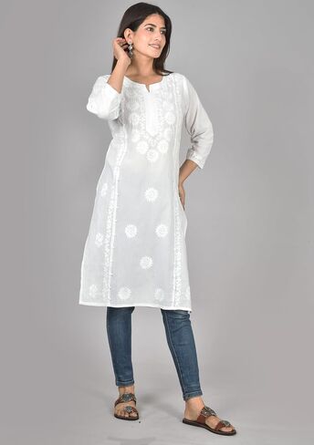 Vrnda Women's White Cotton Kurti – Hand-Embroidered Lucknowi Chikankari, Straight Fit, Knee-Length Pakistani Style Kurta in Saudi Arabia